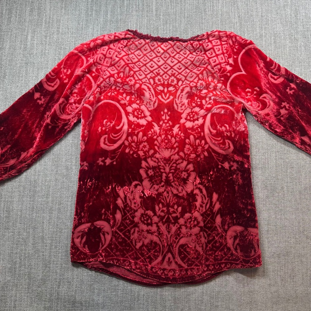 Sundance Blouse Womens XS Red Silk Blend Velvet Burnout Boho V-Neck - Picture 2 of 9